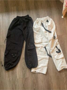 Black and White Cargo Strap Joggers - Dual Pocket Utility Pants